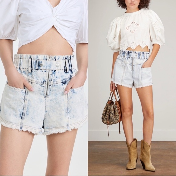 SEA NY Birdie Bleached Denim Jeans Shorts Distressed Zip Fly Snap Closure Size 8 - Picture 1 of 10